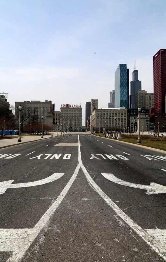 Chicago, IL. Empty road with cityscape behind