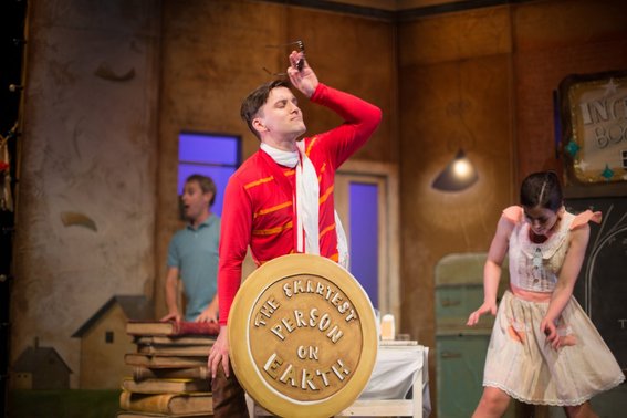 Jo Turner,  Gabriel Fancourt and Madeleine Jones in The Incredible Book Eating Boy. Produced by CDP Theatre Producers. Lighting Design by Toby K. 