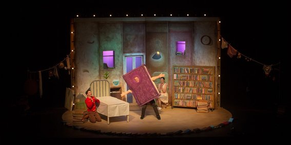 Gabriel Fancourt, Jo Turner and Madeleine Jones in The Incredible Book Eating Boy. Produced by CDP Theatre Producers. Lighting Design by Toby K. 