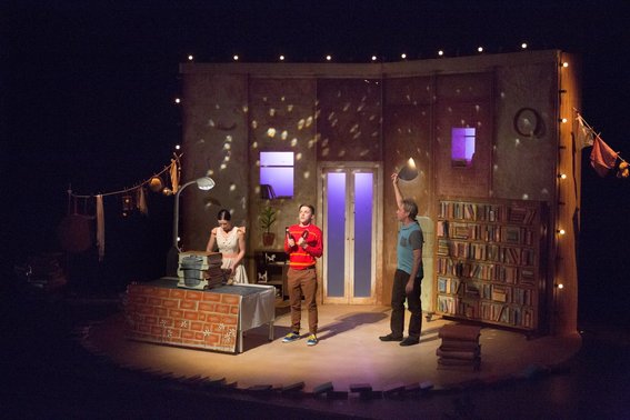 Madeleine Jones, Gabriel Fancourt and Jo Turner in The Incredible Book Eating Boy. Produced by CDP Theatre Producers. Lighting Design by Toby K.