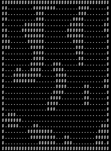 An ASCII depiction of a cave system from above. Animation shows line of sight from a single square on the grid..