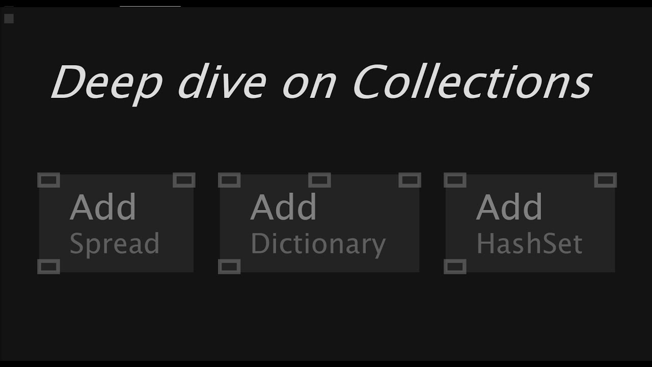 Text "Deep Dive On Collections" with pictures of example nodes for Spread, Dictionary and Hashset