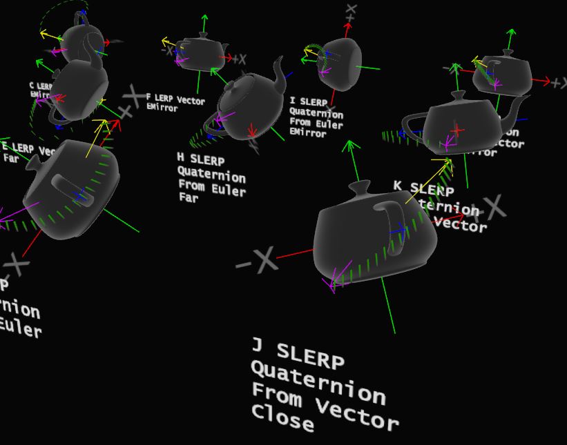 A screenshot from a maths tutorial. This is a partially obscured view of 3D teapots and axis floating in space, demonstrating different methods for changing 3D orientation and their pros and cons